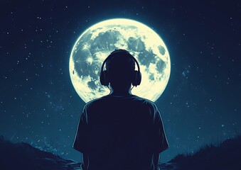 Silhouette of a man with headphones in front of the moon, against a dark blue background. Hyper-realistic, cinematic night sky with a full moon.