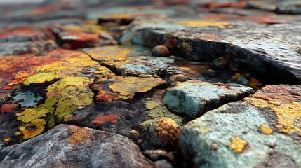 Colorful lichen pattern covers rocky surface in natural environment, showcasing intricate textures and vibrant colors under soft lighting