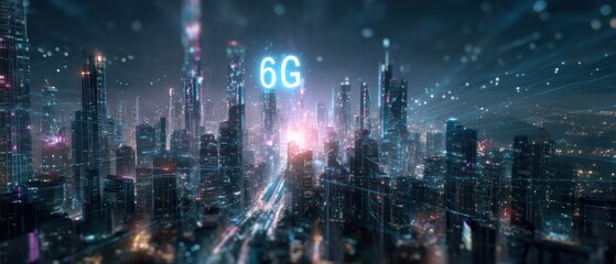 Fototapeta premium Futuristic city at night with 6 g network overlay