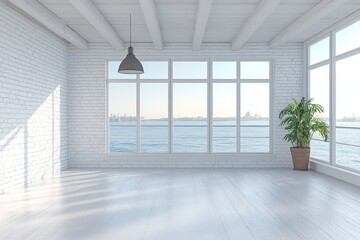 Obraz premium Coastal loft interior, sunlit and airy