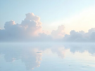Serene water landscape featuring ethereal clouds reflected on a tranquil water surface, evoking a sense of peace and expansive open space, creating a calming and dreamy atmosphere