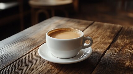 Obraz premium A cup of coffee sits on a rustic wooden table.