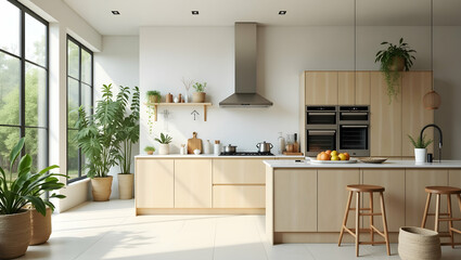 Serenely Lit Ecofriendly Kitchen Interior, A Sleek Design with Natural Elements, Creating a Modern and Sustainable Living Space for Culinary Delights