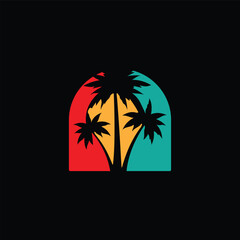 Palm tree silhouette Inside frame. Simple flat vector illustration. Vector illustration design Palm Tree and island at sunset
