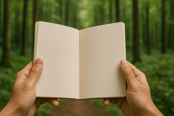 Blank Notebook for Mockup or Edit with Green Forest Nature Background