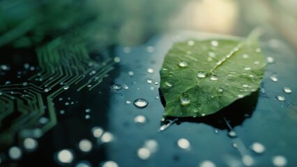 Green leaf with water droplets on a circuit board background. Serene cityscape with electronic components creating a peaceful mood.