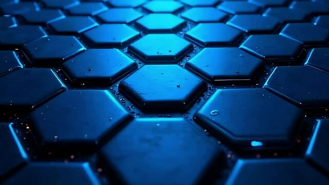 Moving hexagons illuminated in blue light. Infinitely looped animation. 3D Illustration, Generative AI
