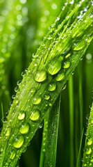 Vibrant Dewdrops on Lush Green Grass Blades: A Close-Up Nature Photography Image