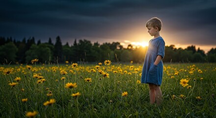 Fototapeta premium Photo of Young Girl in Blue Dress in a Field of Yellow Flowers at Sunset
