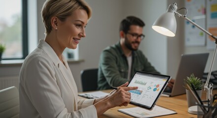 Business team analyzing data on a tablet screen for strategic planning