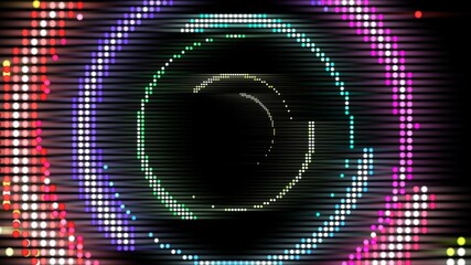 illustration features a dynamic and colorful display of glowing dots arranged in concentric circles and linear patterns