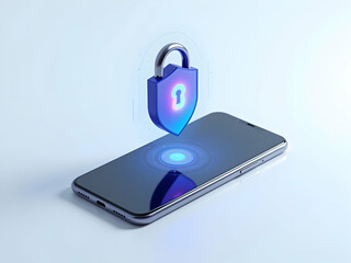 Sleek Modern Mobile Security, Shield Lock Icon Hovering Above Smartphone with Fingerprint Scan Represents Advanced Cyber Protection and Data Privacy Technology Solutions