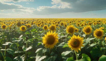 Obraz premium Vast sunflower field under a partly cloudy sky