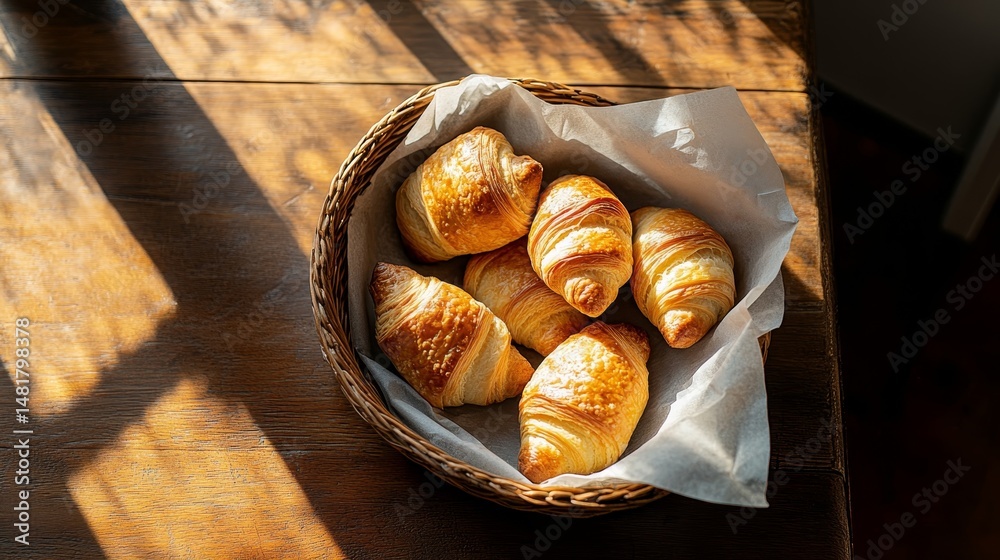 Poster a wicker basket holds golden croissants and bread rolls, illuminated by warm sunlight streaming thro