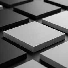 Stacks of blank white and black business cards arranged on a dark surface. A professional presentation of printing samples for branding purposes.