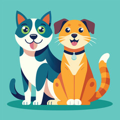 Playful dog and cat duo sitting together in a cheerful flat design style vector art 