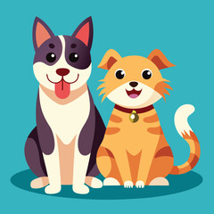 Playful dog and cat duo sitting together in a cheerful flat design style vector art 