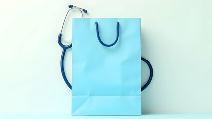 Sleek Stethoscope and Serene Blue Shopping Bag, A Modern Still Life Evoking Health and Commerce, Perfect for Medical Professionals and Retail Advertising