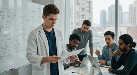 Diverse team collaborating on innovative product development in modern office