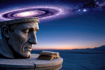Surreal Sculpture of Contemplative Man with Galaxy Above in a Dreamlike Landscape at Dusk