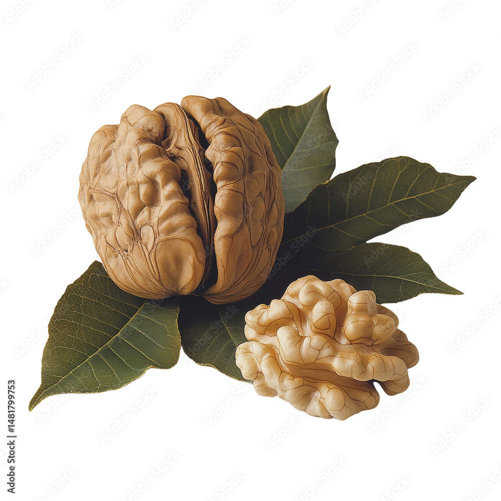 Aufkleber elegant closeup of walnuts in shell and kernel with green leaves detail