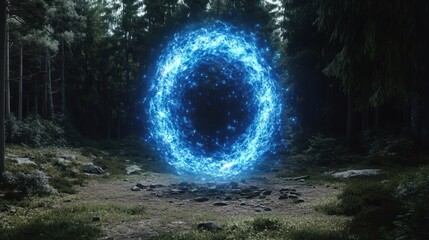 Enigmatic Blue Portal in a Dark Forest
