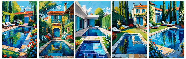 Tranquil Backyard Oasis: Swimming Pool, Colorful Flowers, and Mediterranean Architecture. The image shows a serene backyard swimming pool on a sunny day. The pool has clear blue water that reflects th