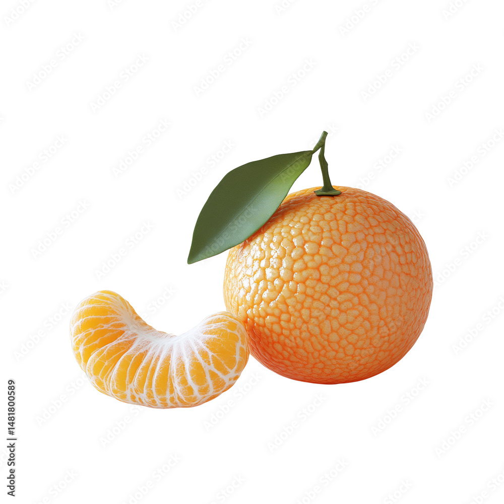 Poster Vibrant tangerine composition with leaf and separated citrus segment