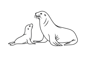 Simple line art illustration depicting a mother sea lion with her pup beside her
