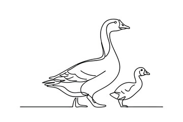 Simple line art illustration of a mother goose with her gosling walking together in black and white