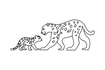 Mother leopard with cub walking together simple black and white line art illustration