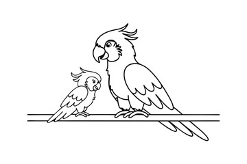 Cartoon illustration depicting two parrots perched on a branch in black and white