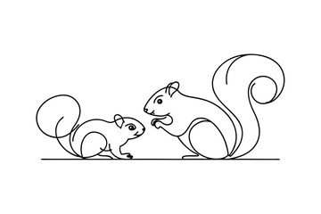 Simple black and white illustration of mother and baby squirrels on white background