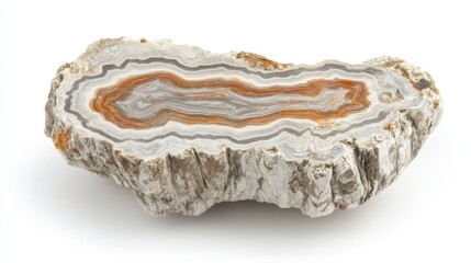 Petrified wood slice detail on a white background: explore texture pattern and colors showcase geology mineralogy and natural wonders 
