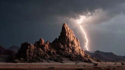 Jagged rock formation in the Namibian desert illuminated by lightning during a dramatic storm