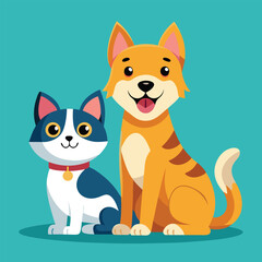 Playful dog and cat duo sitting together in a cheerful flat design style vector art 