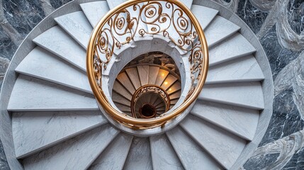 Intricate spiral staircase with ornate metal railing.
