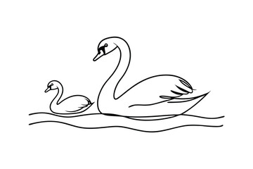 Simple black and white illustration of a swan with a baby swan floating on water
