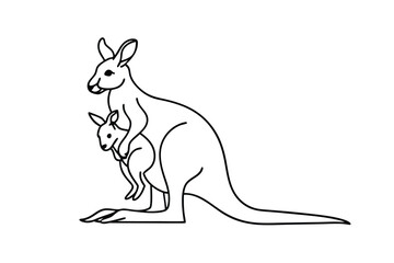 Simple black and white outline illustration of a mother kangaroo and joey