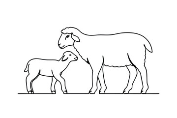 Simple black and white illustration of a mother sheep and lamb standing together