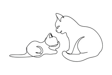 Artistic continuous line drawing of a mother cat and kitten looking affectionately