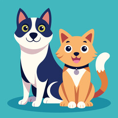 Playful dog and cat duo sitting together in a cheerful flat design style vector art 