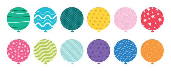 Birthday pattern balloons clipart set. Colorful balloon elements clip art in stripes, zigzag, stars and lines printed design collection vector illustration. 
