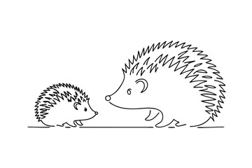 Simple black and white illustration of a hedgehog and its little baby hedgehog.