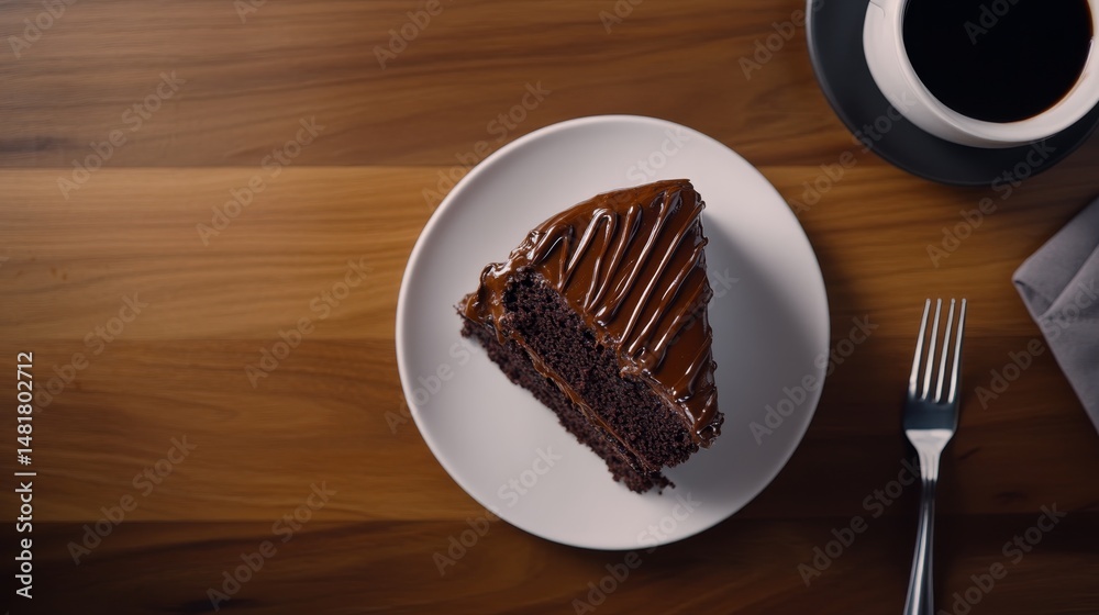 Poster overhead view of a decadent chocolate fudge cake slice with shiny ganache, served on a white plate w