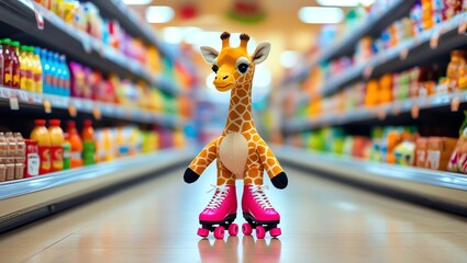 Giraffe on Rollerskates in a Supermarket Aisle