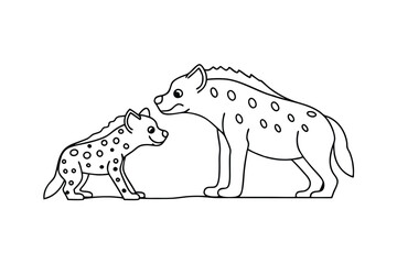 Cute cartoon illustration of two hyenas mother and cub facing each other in black and white