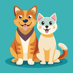 Playful dog and cat duo sitting together in a cheerful flat design style vector art 