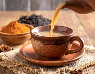 A steaming Kenyan chai tea poured in a traditional ceramic cup with spices nearby.