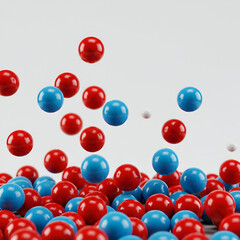 Red and blue spheres in mid-air descent onto a white background. Abstract, vibrant, and dynamic display of the spheres falling in a playful fashion.
